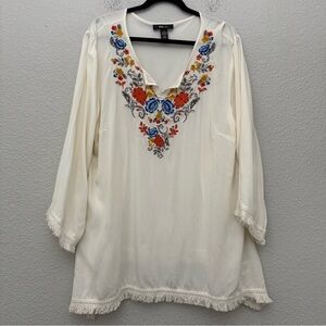 Style & Co Beaded Floral Embroidered Boho Fringe tunic Top Size XL